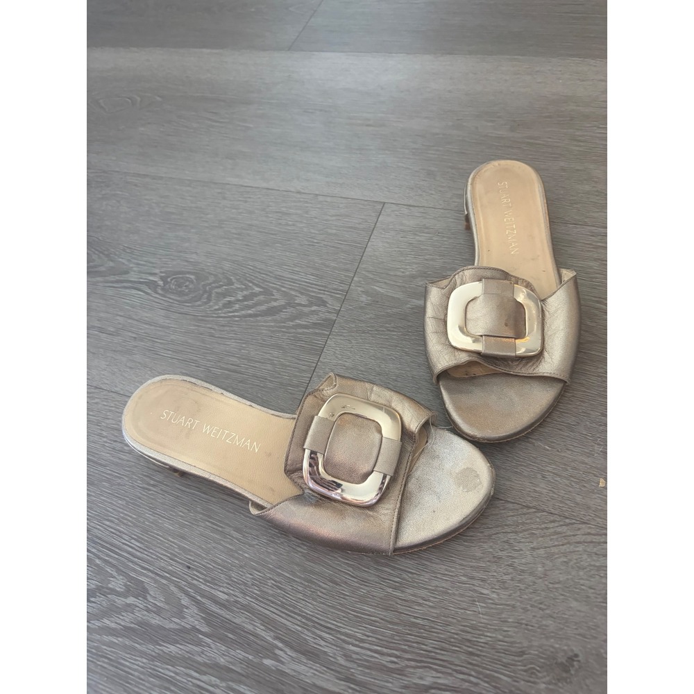 Stuart Weitzman Metallic Gold Leather Buckle Slide Sandals Flats Size 6.5 M‎
